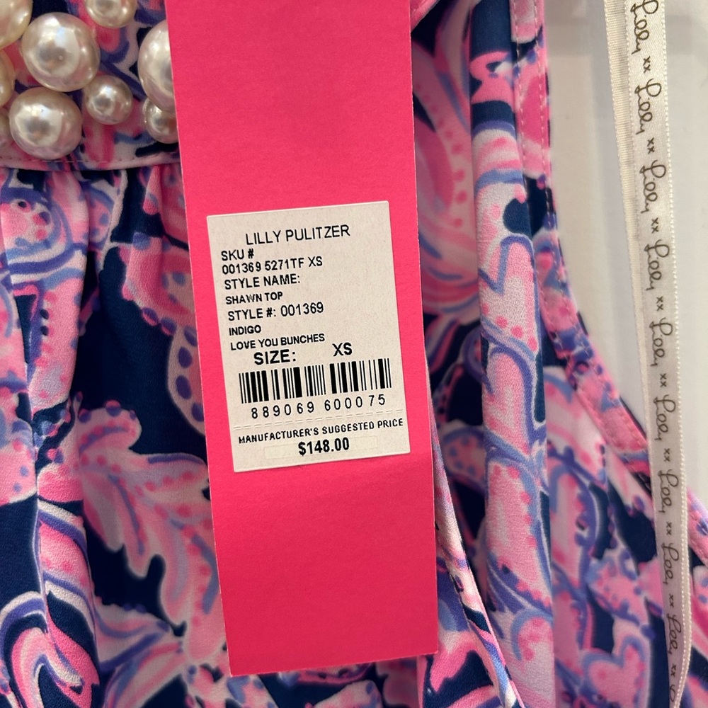 Lilly Pulitzer Shawn Pink and Blue Patterned Blouse with Pearl Embellishment - Picture 3 of 8